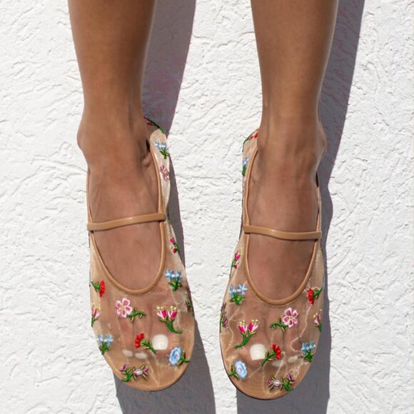 Nude Mesh Ballet Flats Women Tulle Floral Embroidered Round Toe Comfortable - Picture 5 of 6